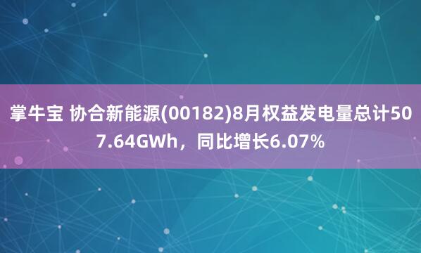 掌牛宝 协合新能源(00182)8月权益发电量总计507.64GWh，同比增长6.07%